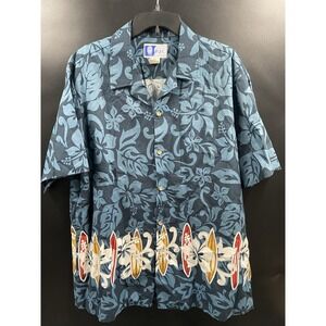 RJC BLUE COTTON FLORAL SURFBOARD HAWAIIAN BUTTON-FRONT ALOHA SHIRT USA‎ Mens XL